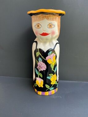 Vintage Bella Casa Sophie Floral Ceramic Figurine Vase in Black and Yellow 10”